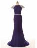 Cap Sleeves Beaded Purple Chiffon Luxurious Evening Dress